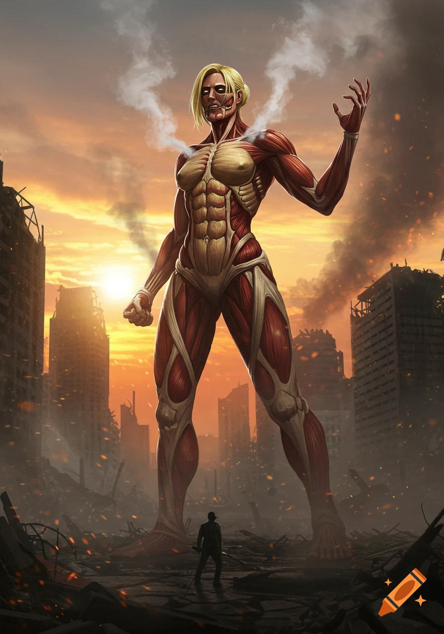 A colossal female titan with exposed muscles stands over a ruined city at sunset, a small human figure below. Anime concept art style.
