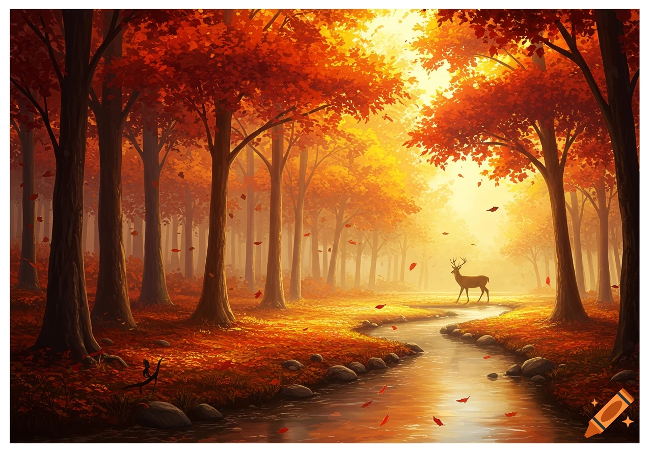 A deer stands by a stream in a vibrant autumn forest with red and orange leaves and golden sunlight filtering through the trees.