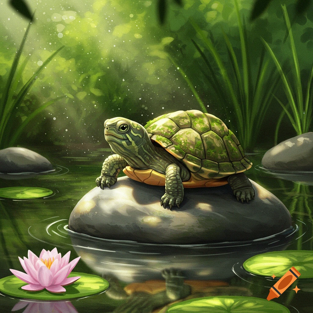 A small green turtle with a mossy shell rests on a rock in a calm pond with green lily pads and a pink water lily.