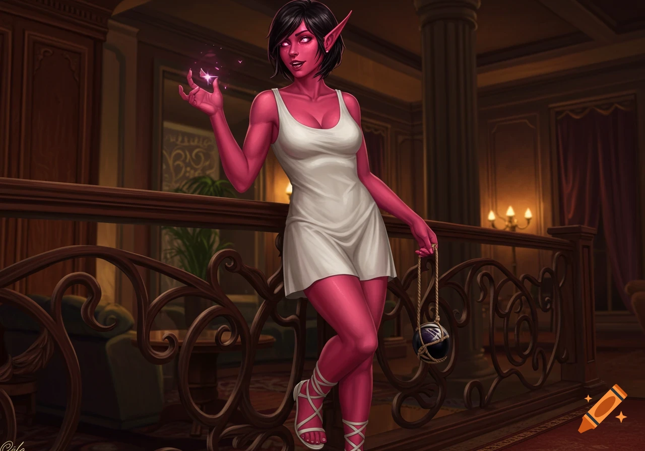 A pink-skinned female elf with black hair, wearing a white mini-dress, leans on a railing in a fancy room, holding a sphere and magical light.