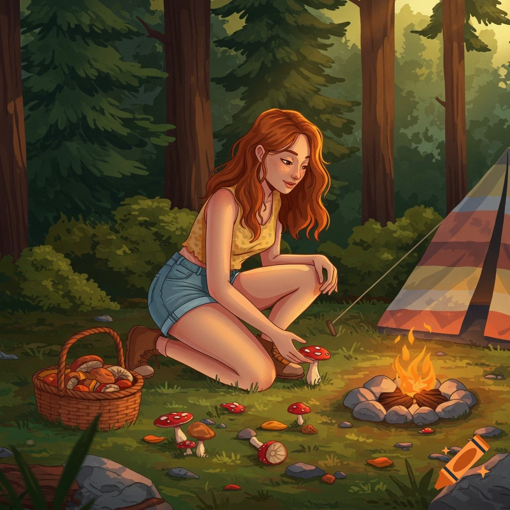 An illustration of a woman in shorts crouching by a campfire, picking mushrooms in a lush forest campsite with a tent.
