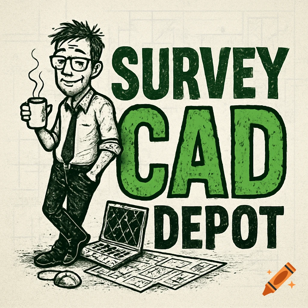 Cartoon logo: a man with coffee leans next to 'SURVEY CAD DEPOT' text. A broken laptop, mouse, and plans are on the ground. Distressed green and black style.