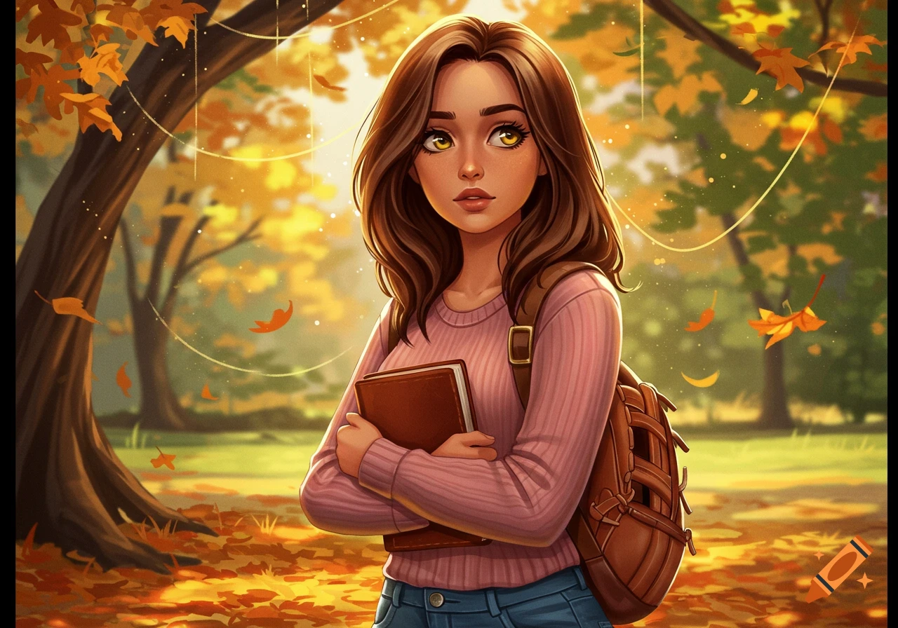 Cartoon illustration of a young brunette woman with hazel eyes in a pink sweater and jeans, holding a book in an autumn park with golden light and falling leaves.