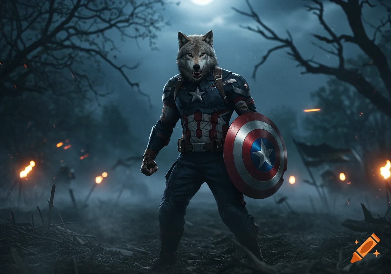 A photorealistic Cap Wolf, a wolf-headed Captain America, stands with his shield in a misty, dark forest at night.