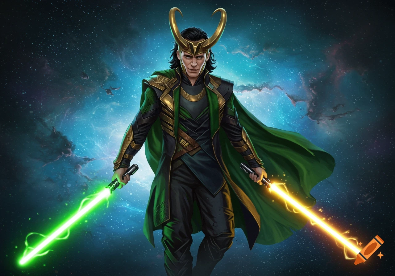 Loki in green and gold armor holds green and yellow lightsabers against a cosmic background in a digital art style.