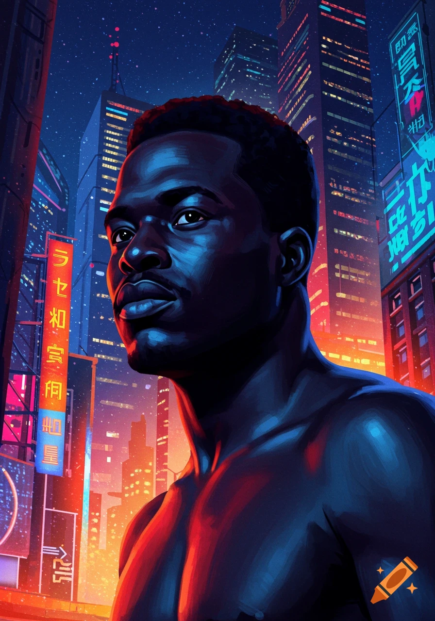 A stylized portrait of a man with glowing red and blue highlights against a vibrant cyberpunk cityscape at night.