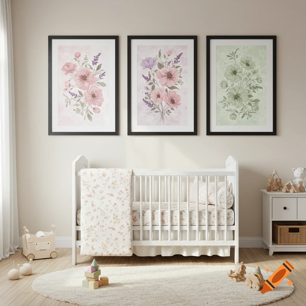 A serene baby nursery featuring a white crib with floral bedding, a round white rug, wooden toys, and three framed floral art prints on the wall.