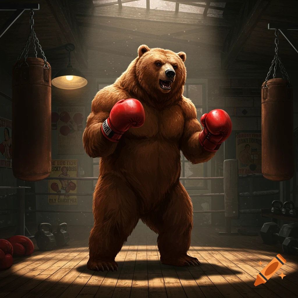 A muscular brown bear wearing red boxing gloves stands in the center of a boxing ring, ready to fight, in a dimly lit gym with punching bags.