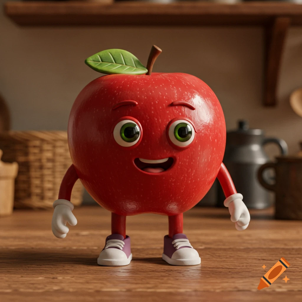 A cute 3D cartoon red apple character with green eyes, a smile, arms, legs, and purple sneakers stands on a wooden counter in a kitchen.