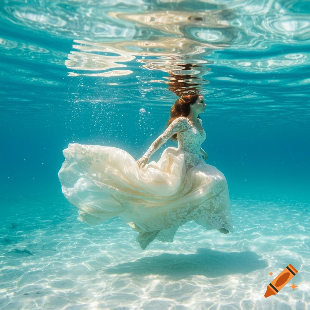 A woman in a flowing white wedding dress swims gracefully underwater in clear blue water over a sandy bottom.