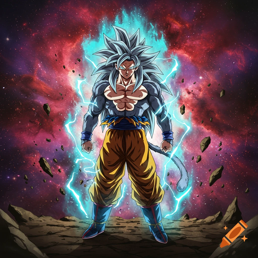 Goku in a powerful, grey-haired, fur-covered form with a blue energy aura, standing on a rocky surface against a cosmic background.