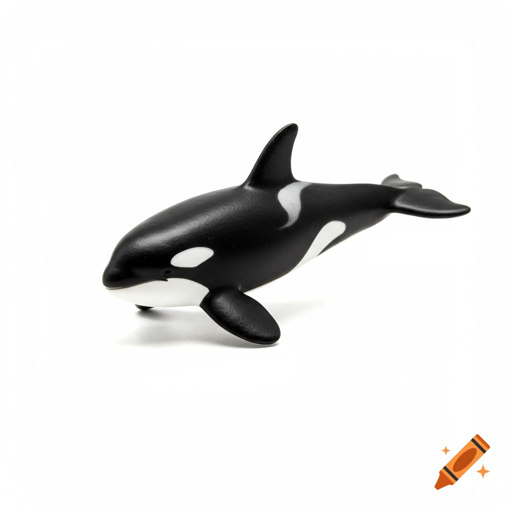 A black and white toy orca on a white background.