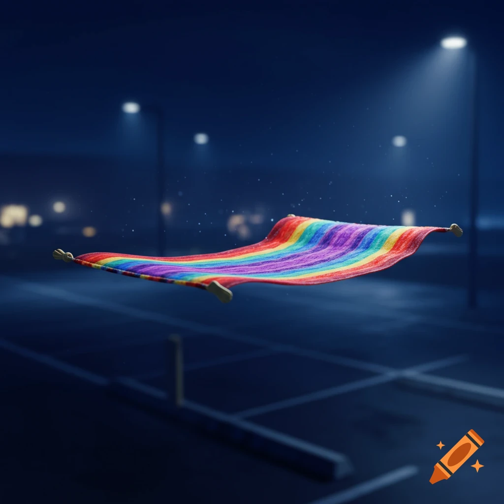 A vibrant rainbow-striped magic carpet floats above a dark parking lot at night, illuminated by streetlights.