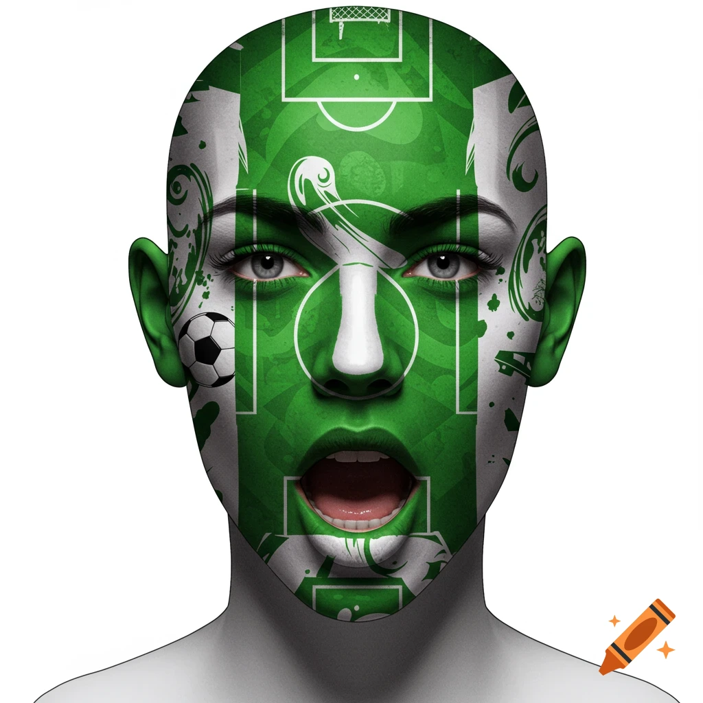 Digital illustration of a person's face painted with a green soccer field design and a soccer ball.