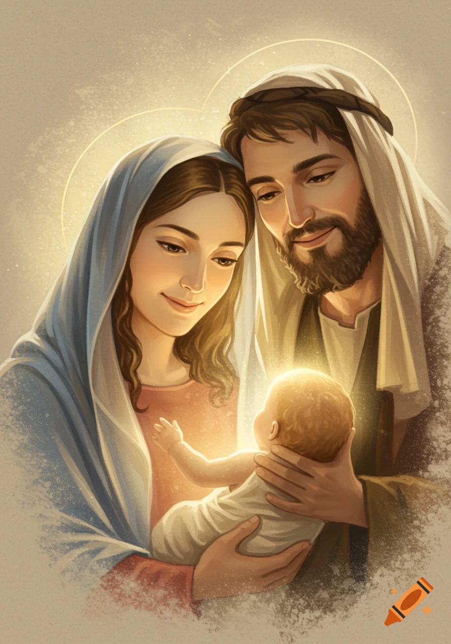 An illustration of Mary and Joseph smiling and tenderly holding the baby Jesus, who emits a soft golden glow.