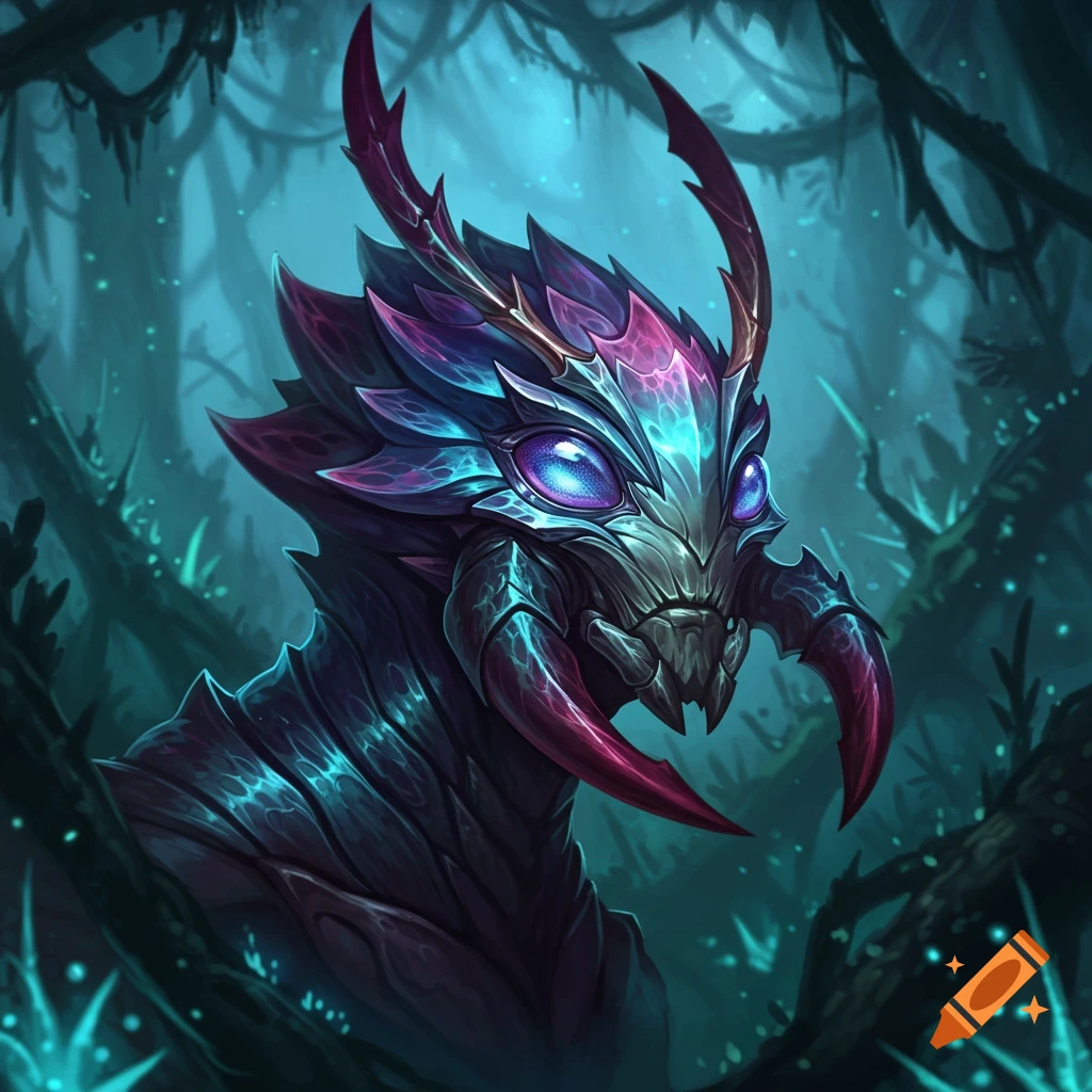 A detailed, colorful insectoid creature with glowing purple eyes and sharp mandibles in a dark, mystical forest.