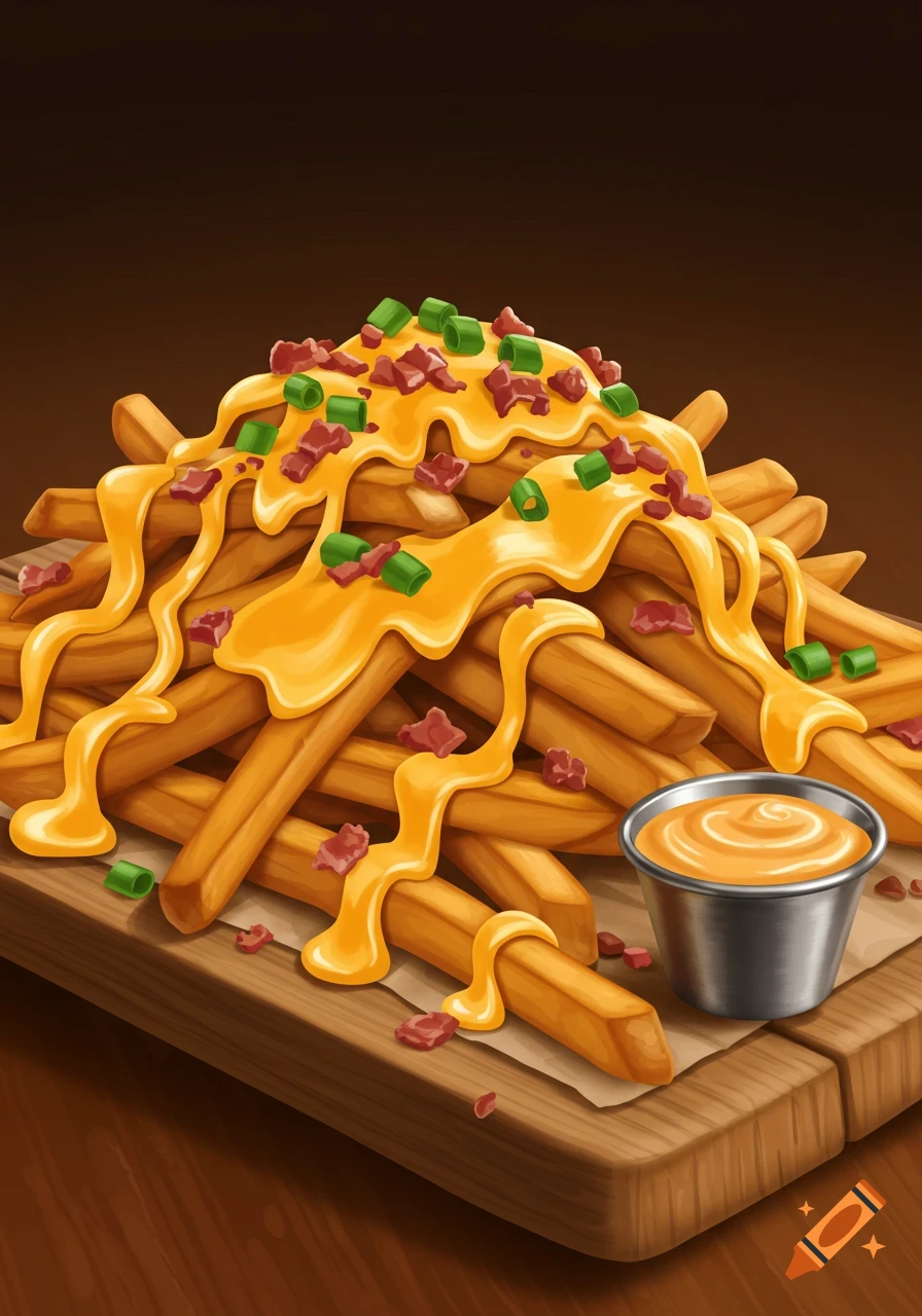 Illustration of a pile of loaded fries covered in cheese, bacon bits, and green onions, served on a wooden board with a side of sauce.