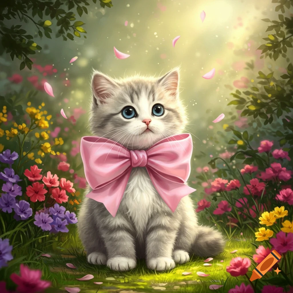 A fluffy grey and white kitten with blue eyes and a large pink bow sits in a vibrant garden with colorful flowers and falling pink petals.