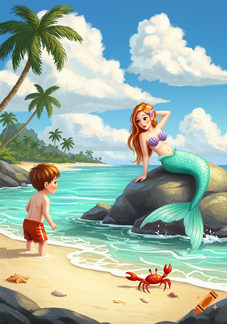 A cartoon boy on a beach looks at a mermaid on a rock, with palm trees, blue ocean, and a red crab on the sand.