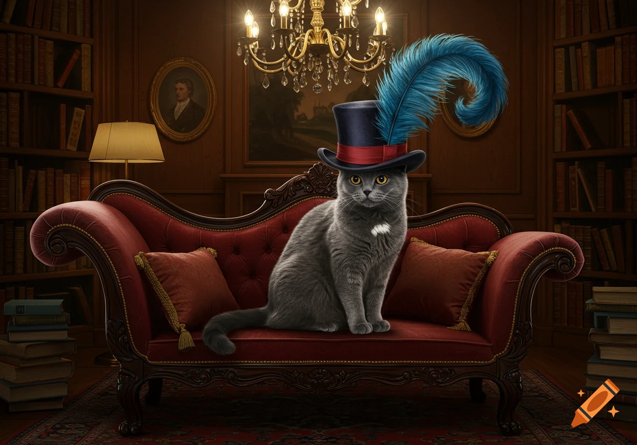 A dapper grey cat in a black top hat with a blue feather sits on a red velvet chaise lounge in a luxurious study.