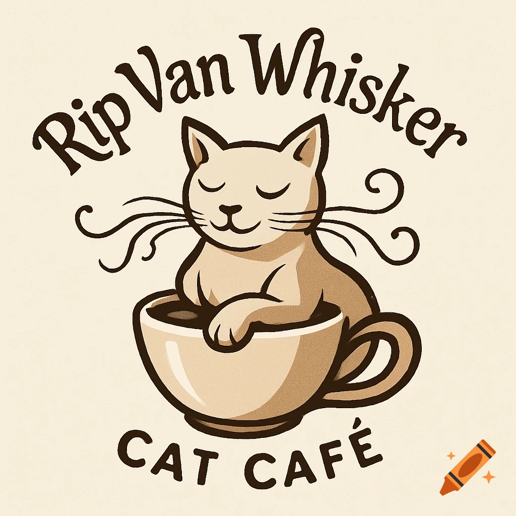 A beige logo for "Rip Van Whisker Cat Café" featuring a stylized cat with closed eyes sitting inside a coffee cup.