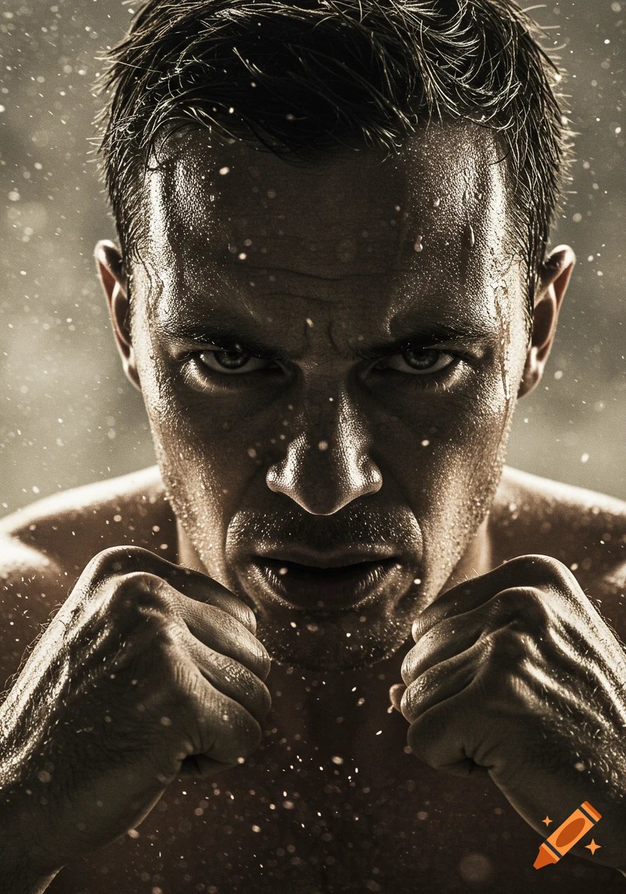 Close-up of a sweating male athlete with an intense expression, fists raised, in a dramatic, dark setting.