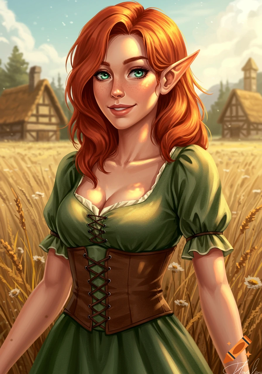 A digital painting of a red-haired half-elven woman with green eyes and freckles, wearing a green peasant dress and brown corset, standing in a golden field with houses in the background.