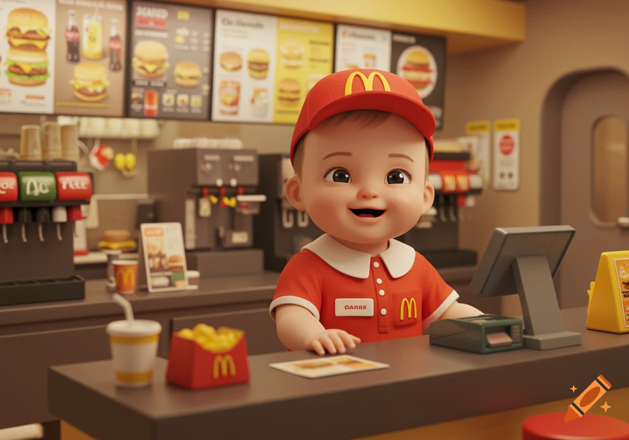 A cheerful cartoon baby in a McDonald's uniform stands behind a counter with fast food items.