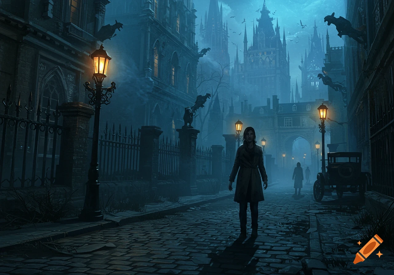 A woman stands on a cobblestone street in a dark, blue-fogged gothic city with ornate buildings and flying creatures, styled as a PS2 survival horror game screenshot.