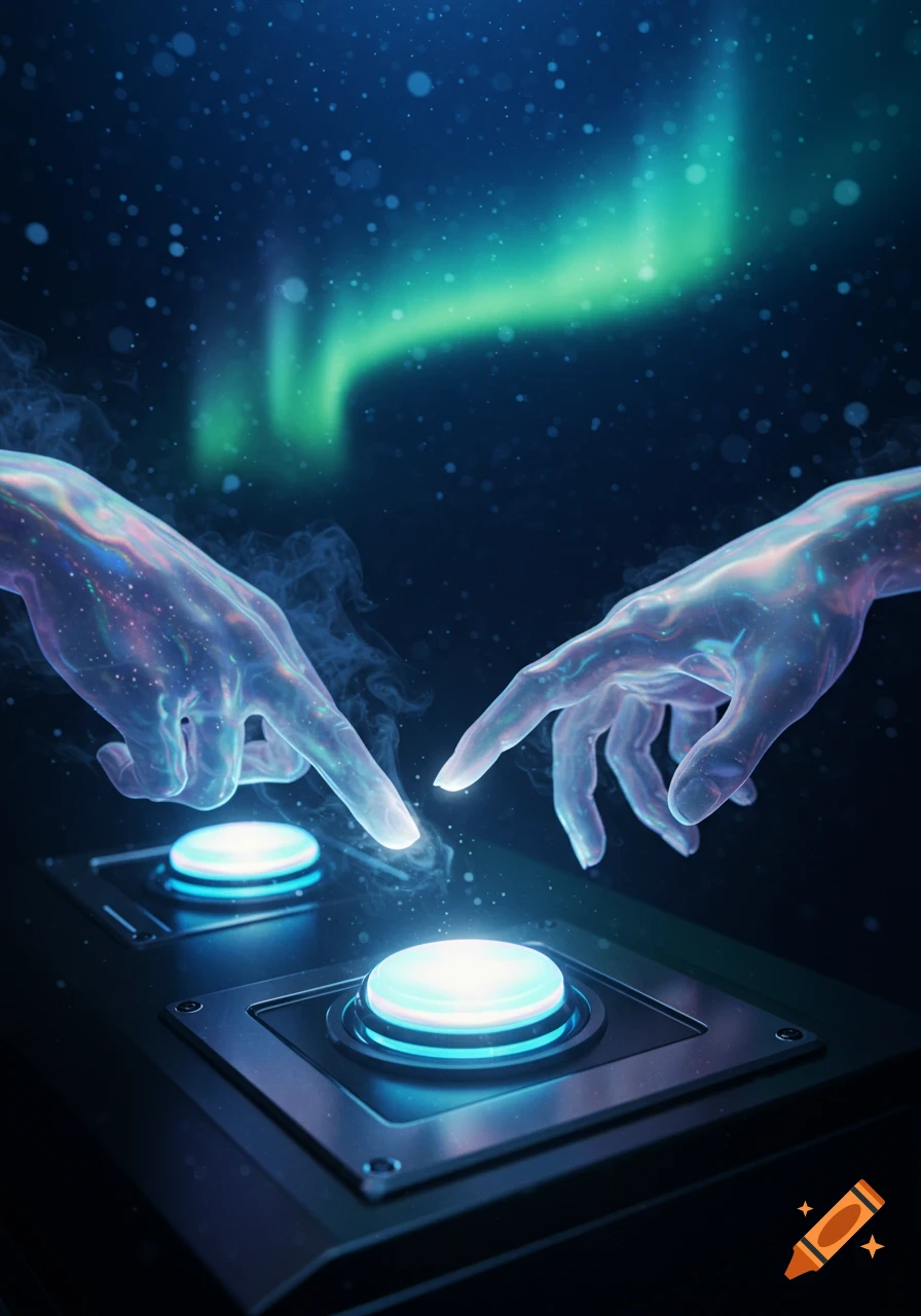 Two translucent, glowing hands reach to press bright blue buttons against a dark, starry background with a green aurora.