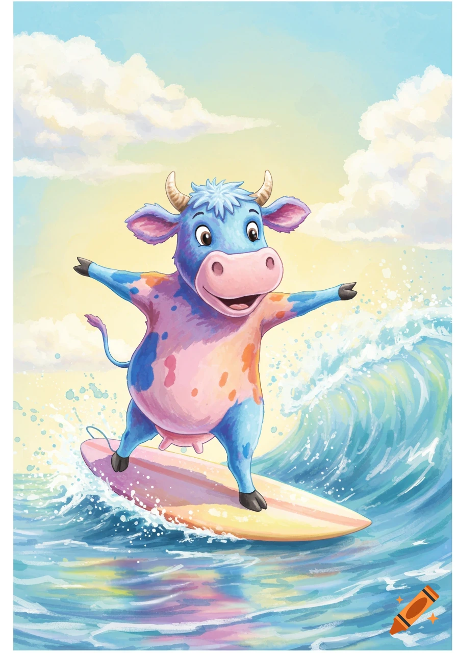 A colorful blue and pink watercolor cow with horns surfs a wave on a light pink surfboard under a bright, sunny sky with clouds.