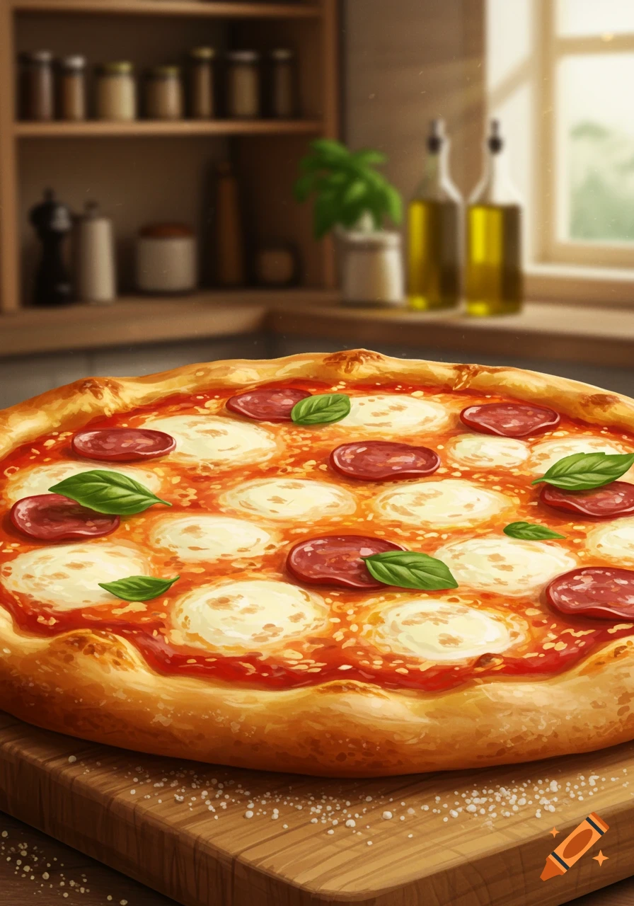 A close-up of a pizza with pepperoni, melted mozzarella, and basil leaves on a wooden cutting board in a sunlit kitchen.