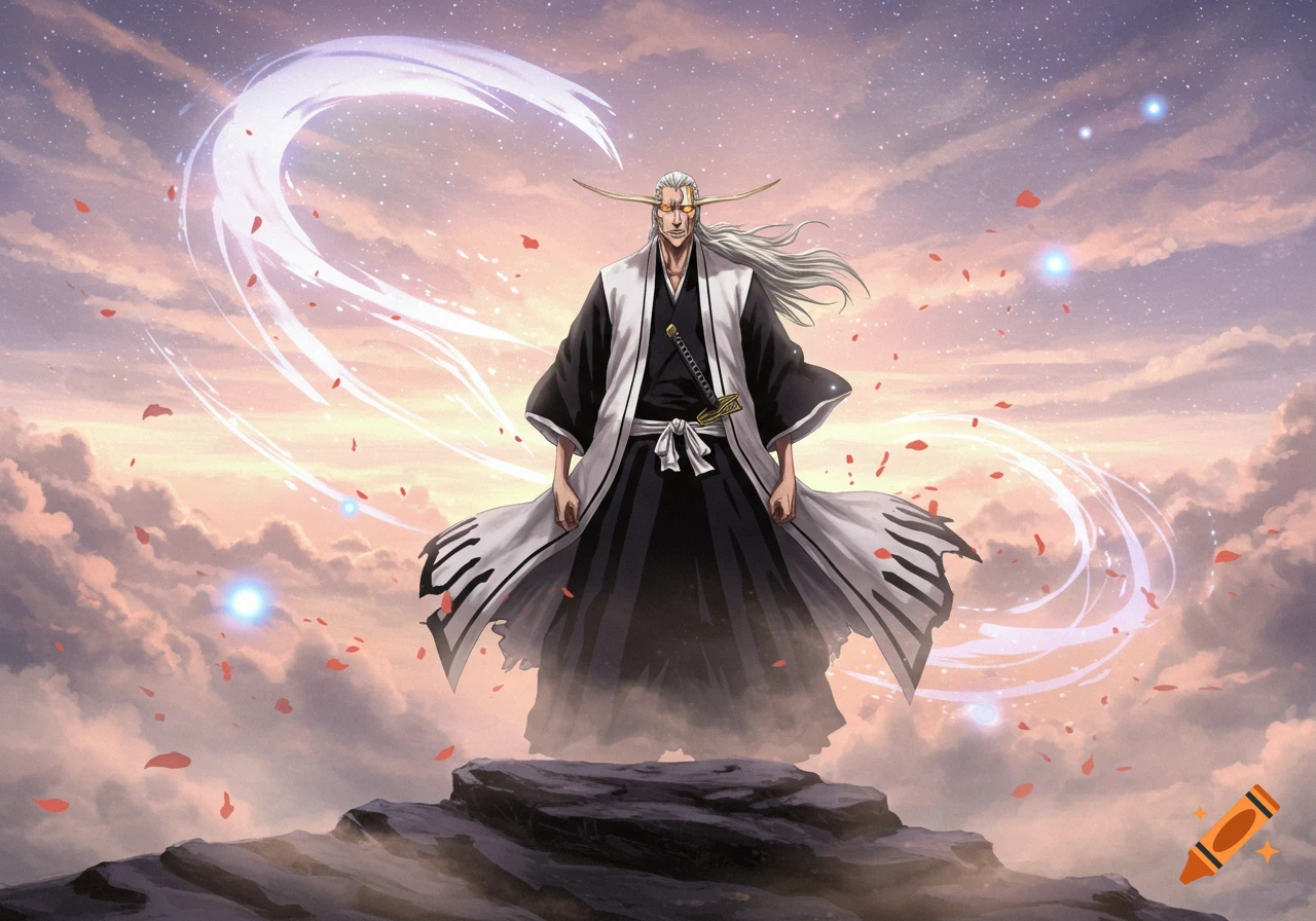 Anime man with long white hair, horns, and a sword, wearing a white and black robe, stands on a rock at sunset with petals falling.
