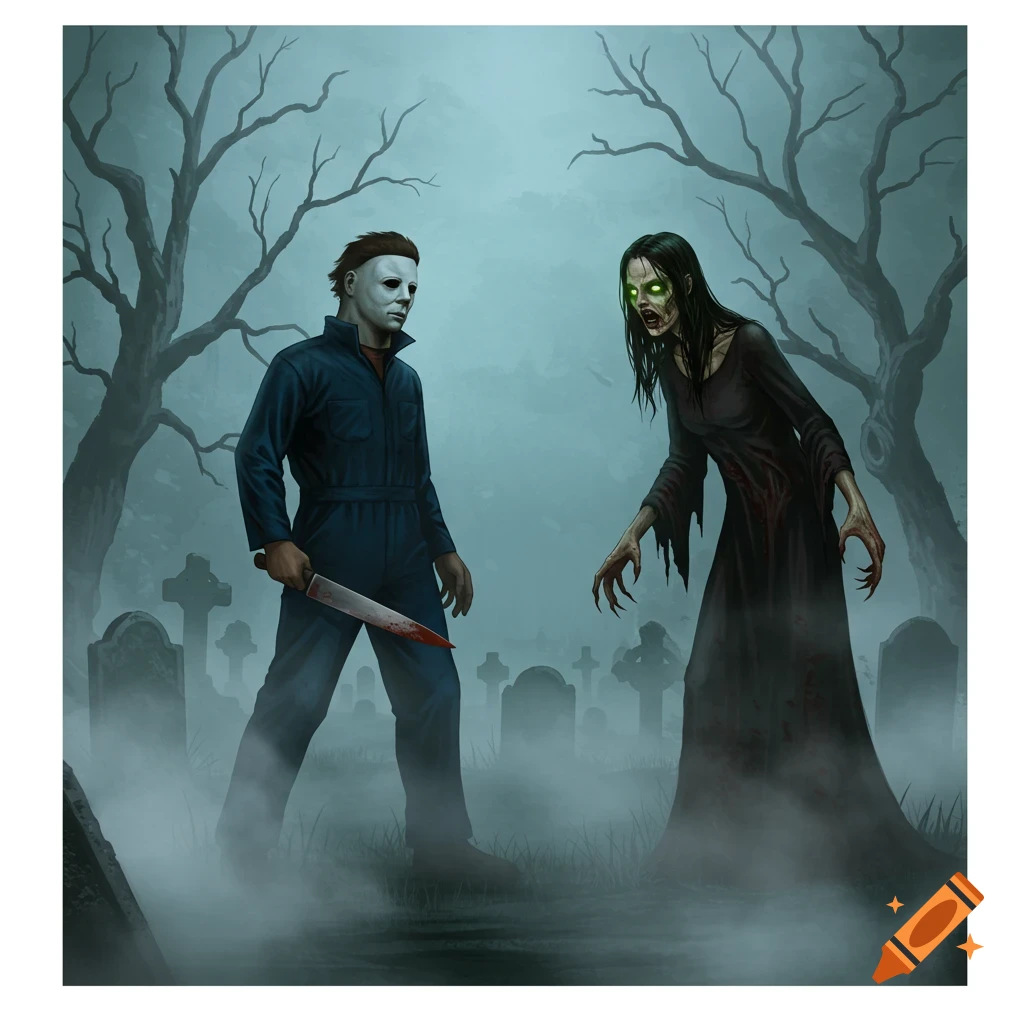 Michael Myers holding a bloody knife stands opposite a gaunt, green-eyed zombie-like woman in a misty graveyard.