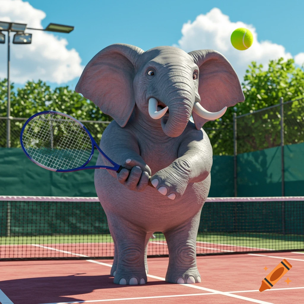 A cartoon elephant on a red tennis court holds a tennis racket, preparing to hit a green tennis ball floating above its head.