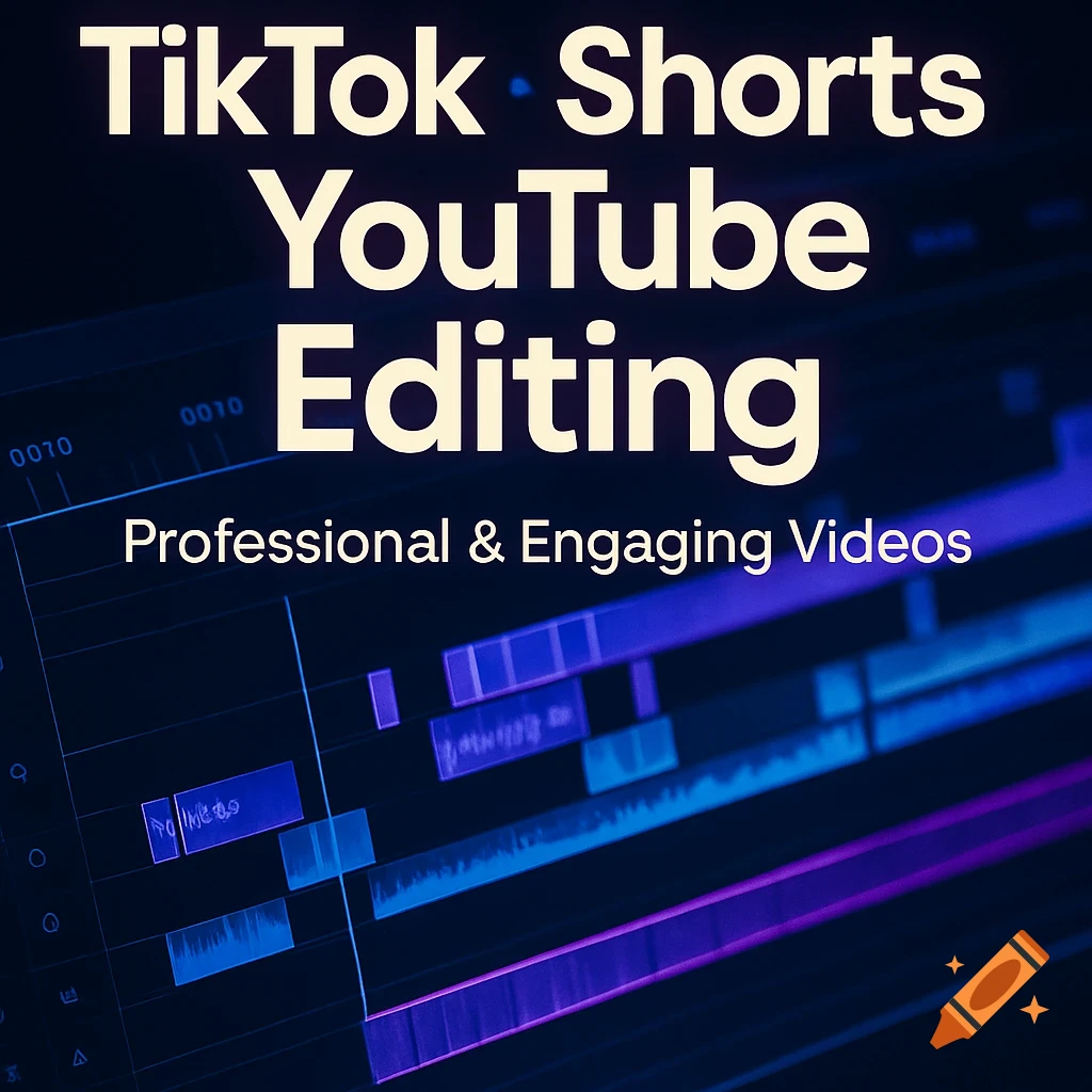 Bold text "TikTok Shorts YouTube Editing Professional & Engaging Videos" over a dark background with a blue and purple video editing timeline interface.
