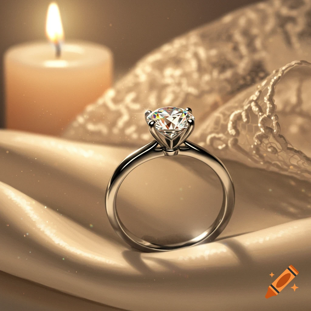 A sparkling diamond engagement ring rests on soft, luxurious satin fabric, with a lit candle and lace in the background.