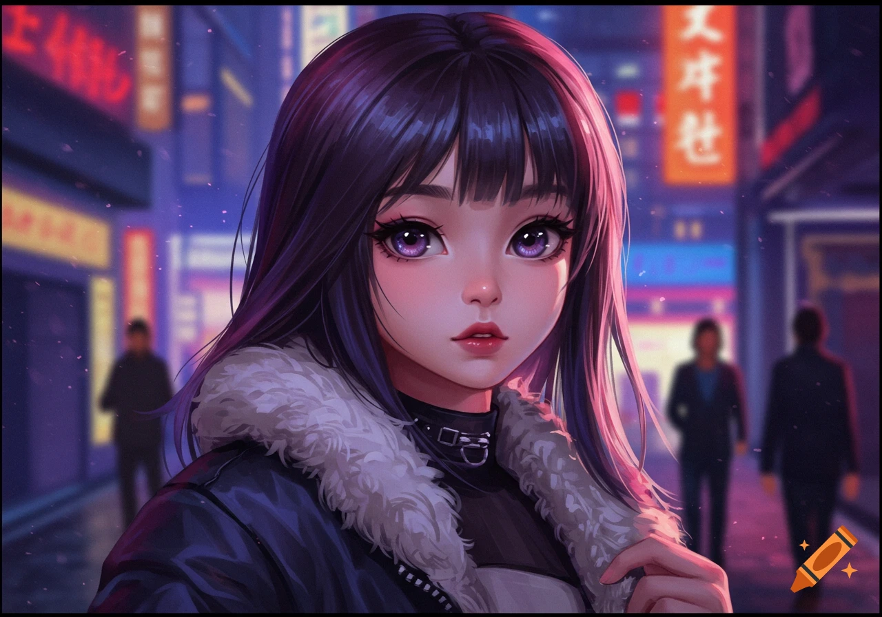 An anime-style portrait of a girl with long dark hair and purple eyes, wearing a dark jacket with a white fur collar, in a neon-lit urban setting.