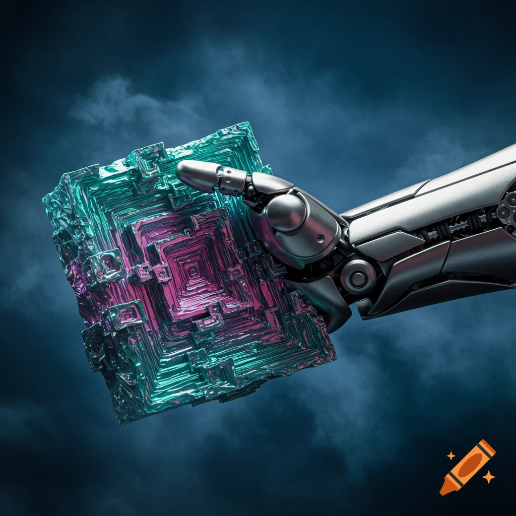 A metallic robotic arm holds a shimmering, iridescent bismuth crystal against a dark, cloudy background.