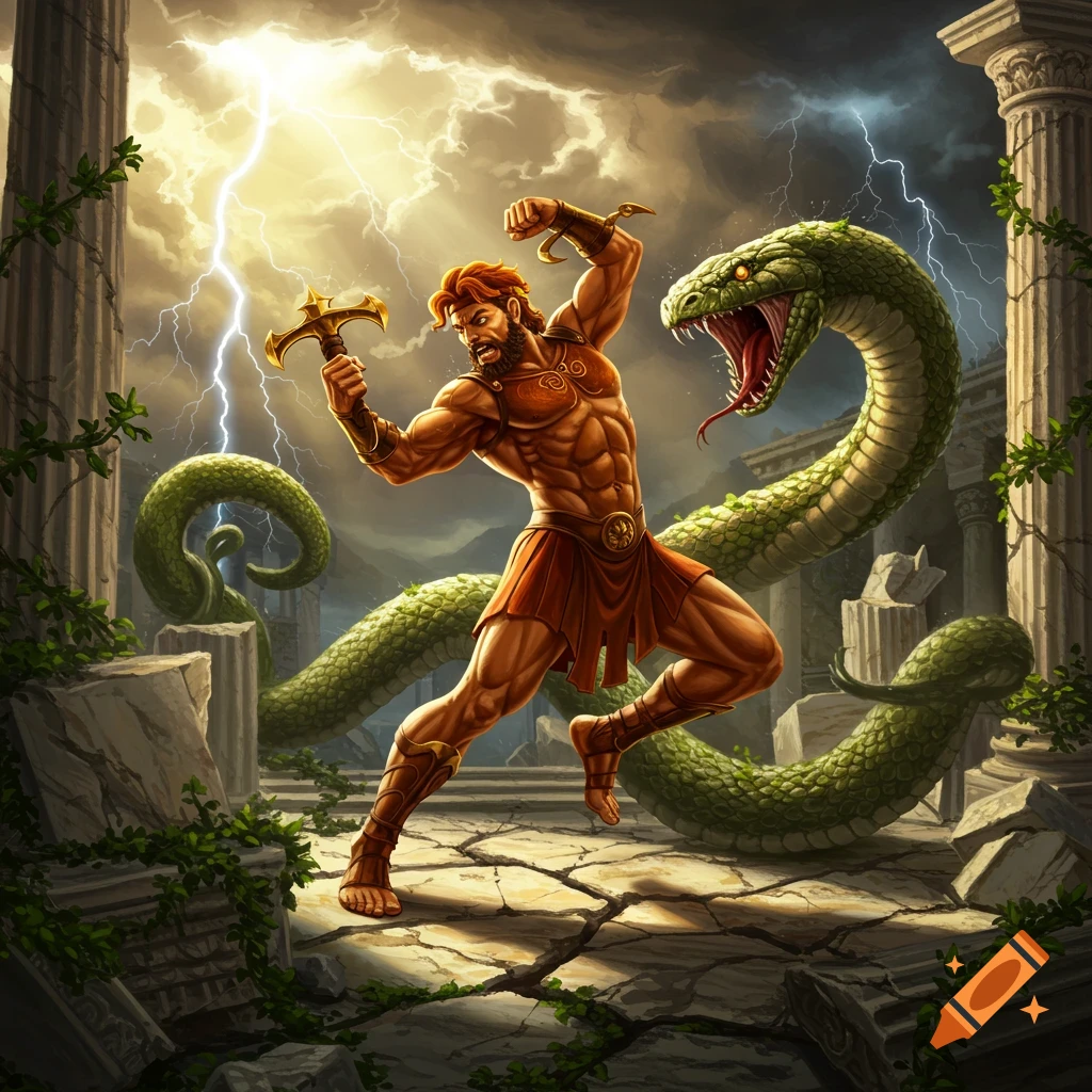 A muscular Hercules in a toga battles a large green serpent amidst ancient ruins as lightning strikes.