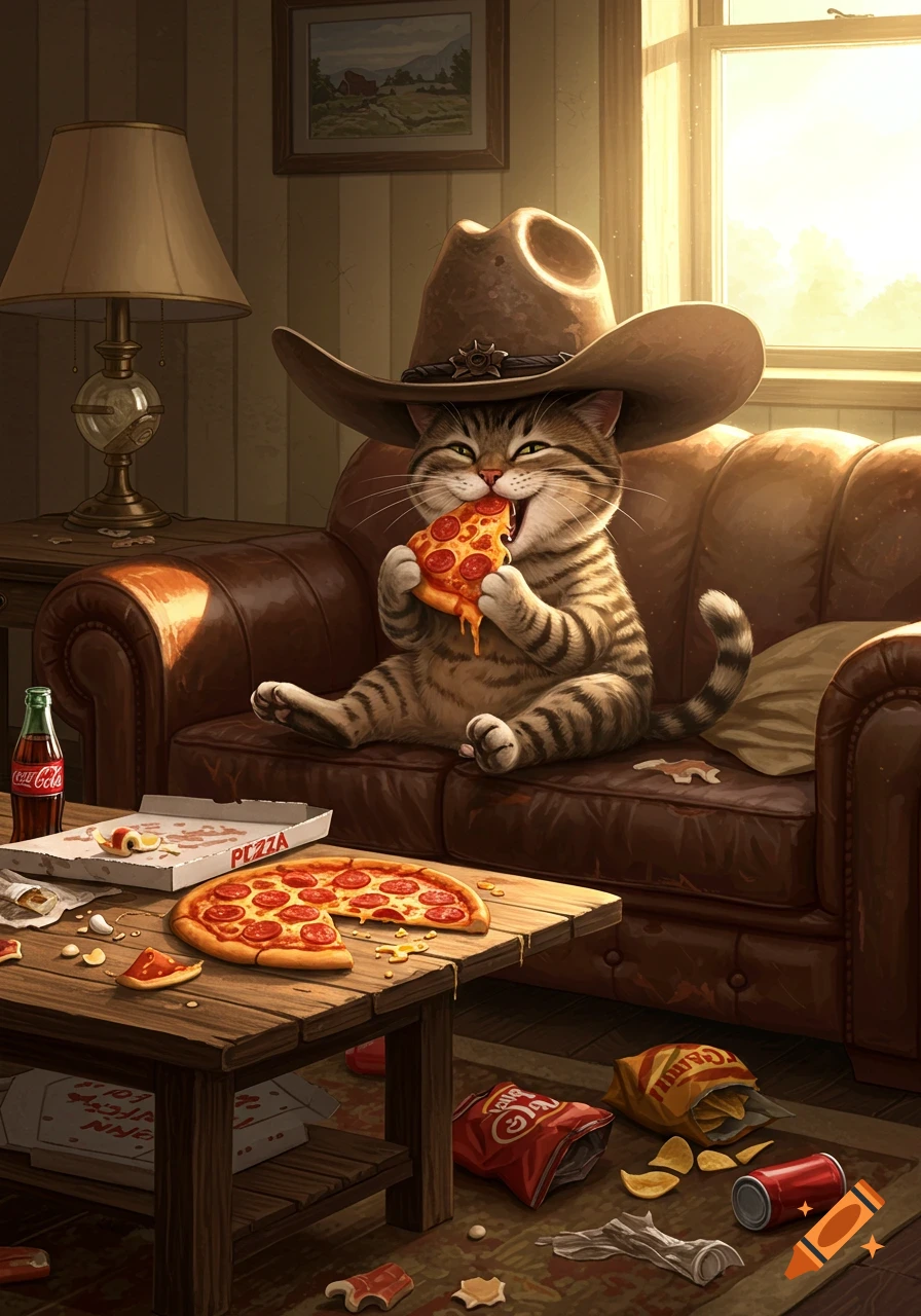 A cute tabby cat wearing a cowboy hat sits on a brown leather couch, happily eating a slice of pepperoni pizza. Pizza boxes and snacks are on the coffee table.