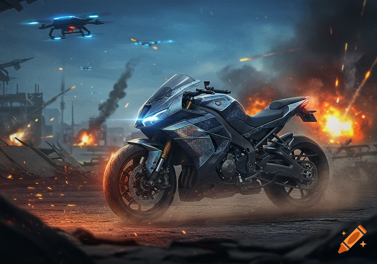 A sleek, futuristic black motorcycle with glowing blue lights stands amidst a war-torn cityscape with explosions and drones in the sky.