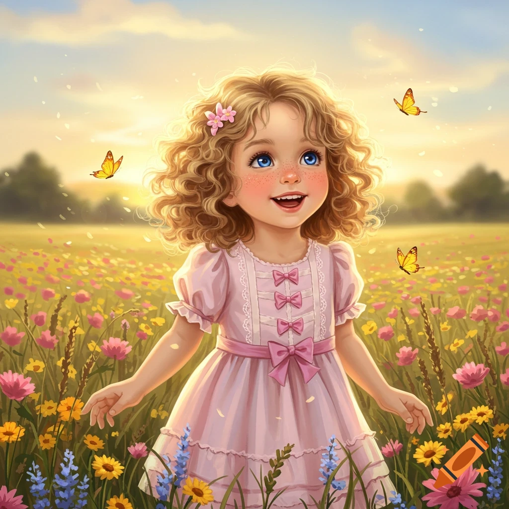 Cute girl with curly hair and blue eyes smiling in a vibrant flower field with butterflies, digital art style.