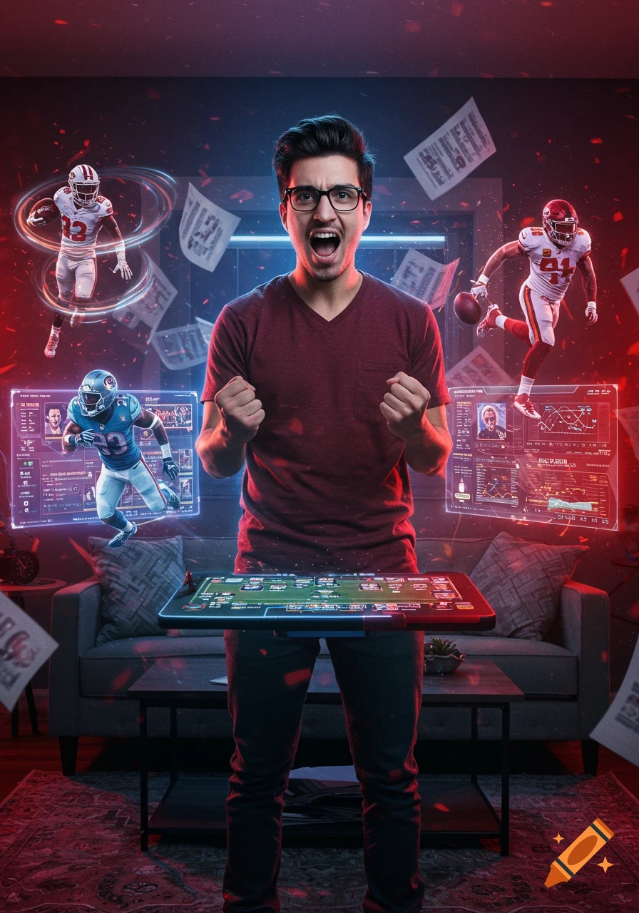 An excited man in a dark room with red and blue neon lights, surrounded by holographic football players, floating papers, and glowing stat screens, engaged in fantasy football.