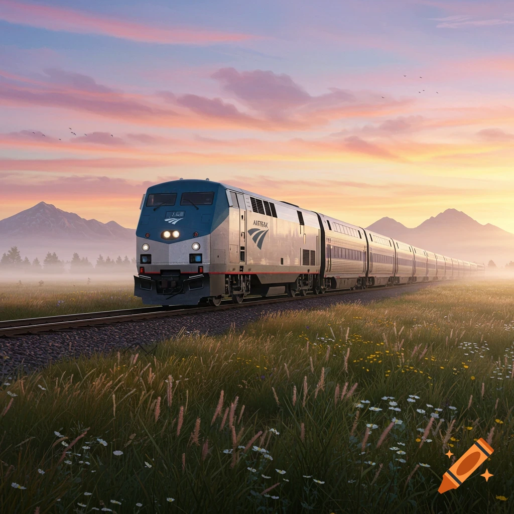 A photorealistic Amtrak train travels through a field with mountains in the background at sunset.
