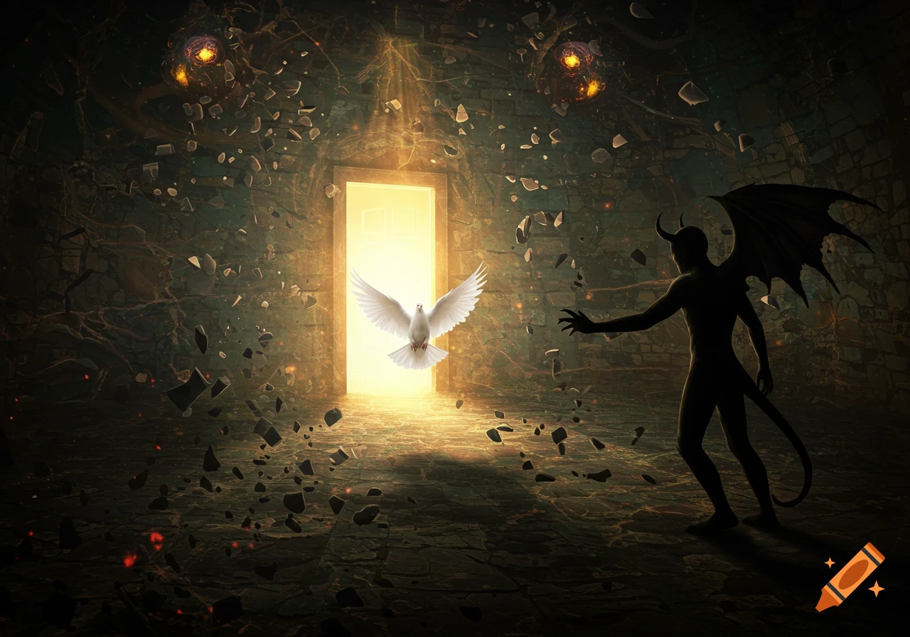 A surreal image of a demon silhouette reaching for a glowing door with a white dove flying out, surrounded by floating debris.