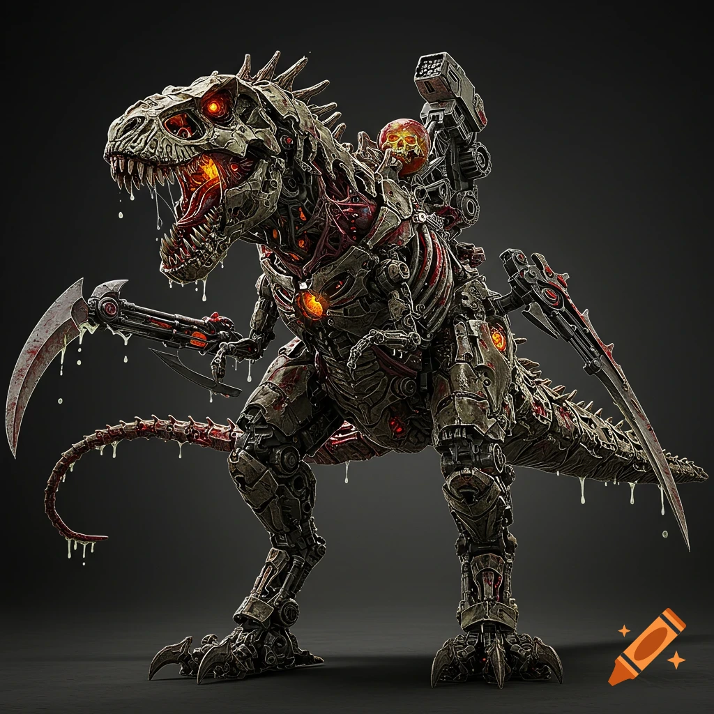 A highly detailed biomechanical T. rex, made of metal plating and organic sinew, with glowing red eyes, scythe-like arms, and a bladed tail dripping a yellow substance.