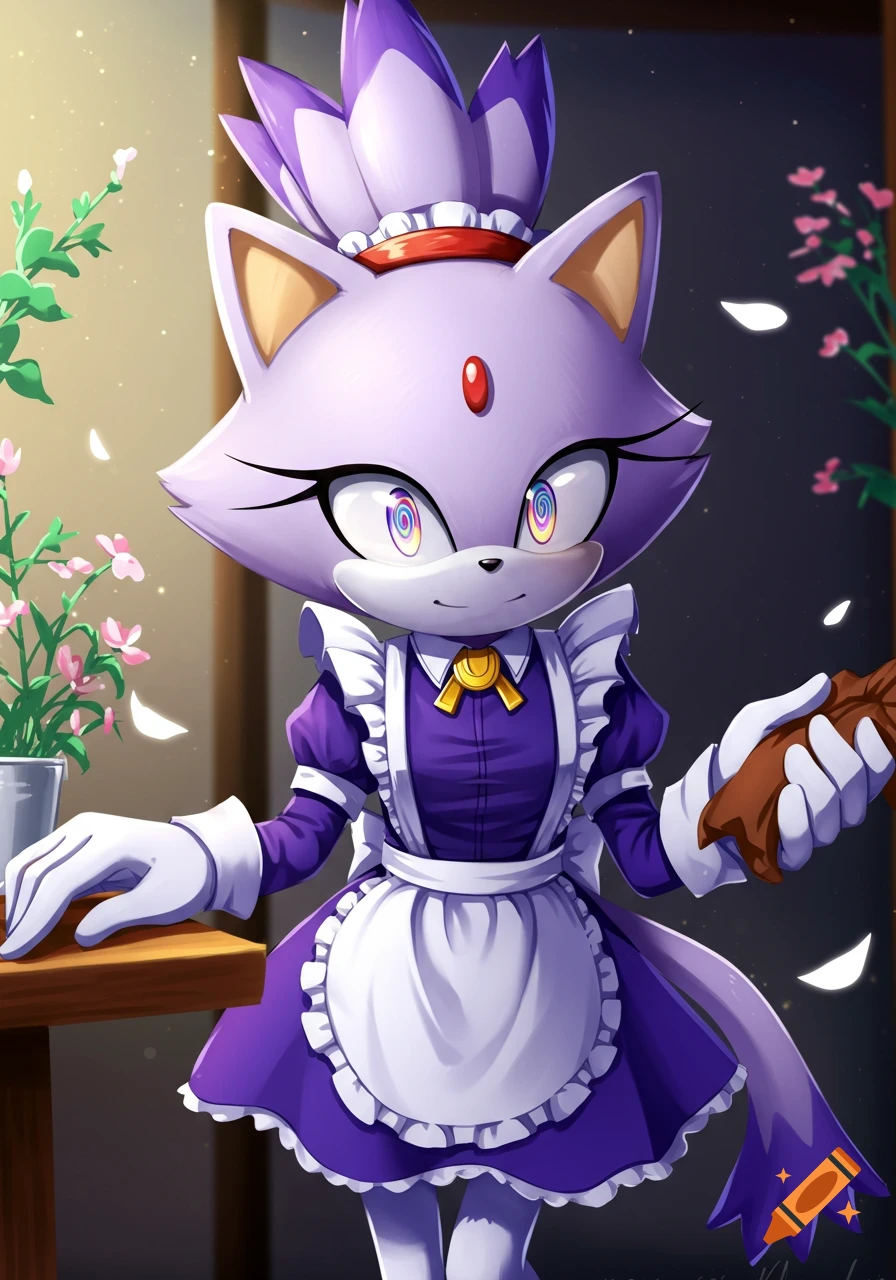 Blaze the Cat in a purple maid dress with white apron and gloves, featuring spiral eyes, holding a brown cloth, in an anime art style.