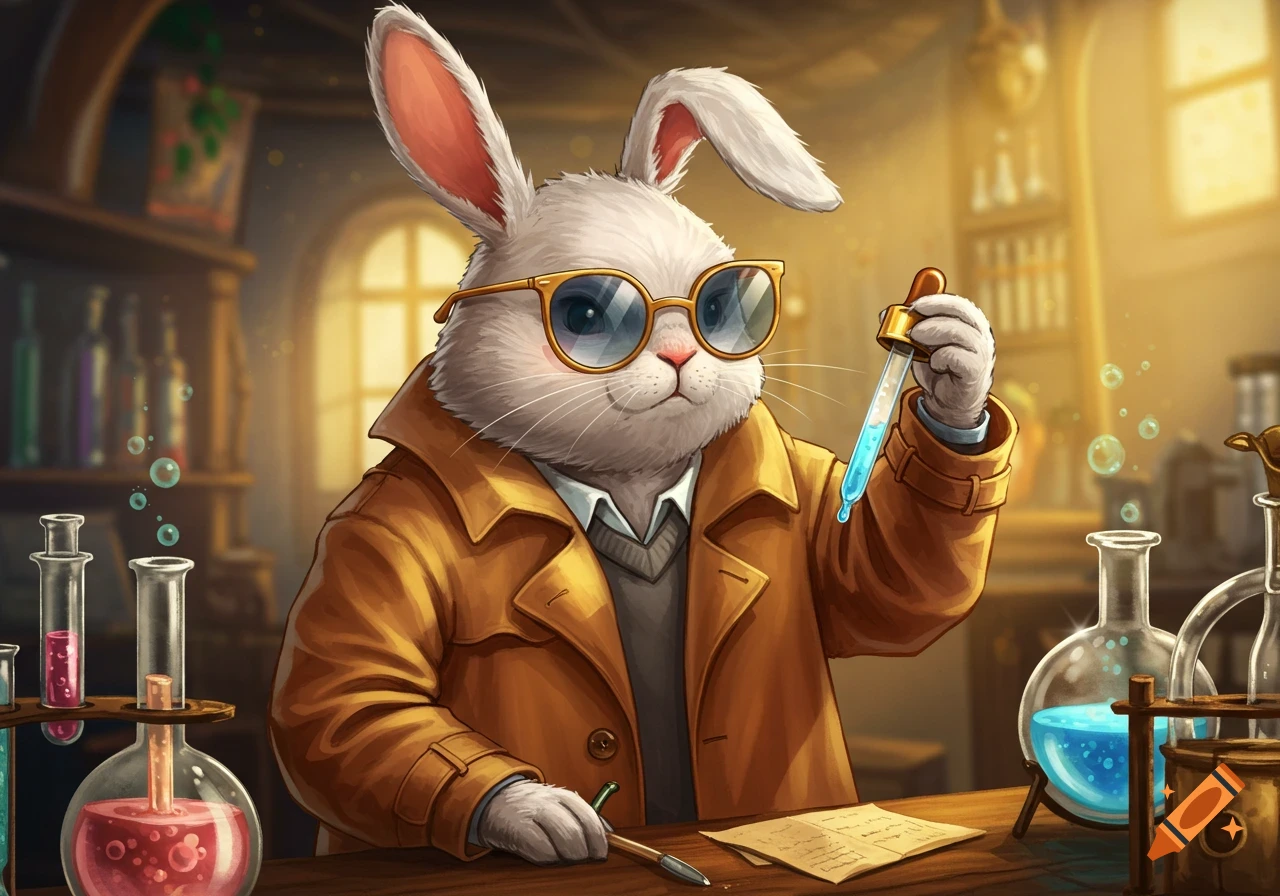 A cartoon anthropomorphic rabbit wearing a trench coat and sunglasses holds a dropper with blue liquid in a dimly lit laboratory.