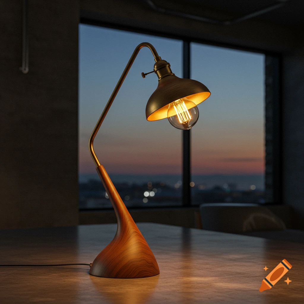A stylish table lamp with a brass shade, wooden base, and Edison bulb sits on a table against a window at dusk.